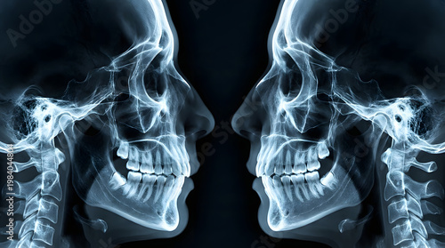 Lateral cephalometric dental x-ray of jaw and teeth. Orthodontic alignment and maxillofacial surgery planning. Detailed blue tinted radiograph showing facial bone structure