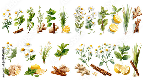 Watercolor herbal and spice collection with chamomile, lemon, ginger, cinnamon and mint, ideal for natural remedies, tea packaging, organic products and wellness design.