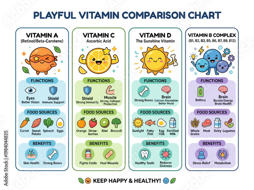 Colorful educational infographic chart comparing essential vitamin functions, food sources, and health benefits with playful cartoon icons.