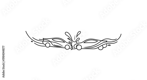 Minimalist Line Art Of Two Cars Crashing With Water Splash