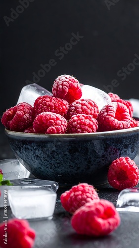 A bowl of fresh raspberries and ice cubes on a dark surface
