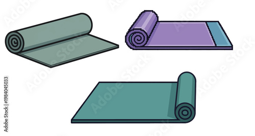 set of clean pixel art illustration of a purple and blue yoga mat, partially rolled. This 8-bit style graphic features a dark outline