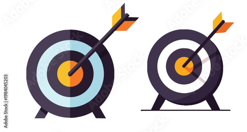 Set target with an arrow hitting the exact center bullseye a modern color palette with dark purple, light blue, and bright orange accents