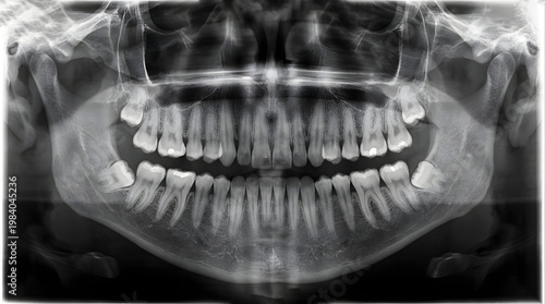 Full panoramic dental radiograph showing upper and lower teeth. Maxillofacial surgery and oral health assessment. Detailed x-ray scan of human mandible and teeth with white fillings.