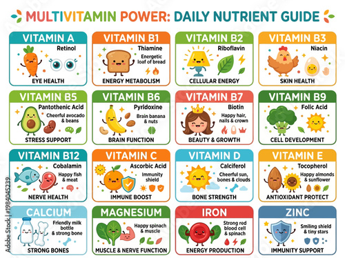 Playful multivitamin and mineral daily nutrient guide illustrating essential health benefits with charming cartoon characters