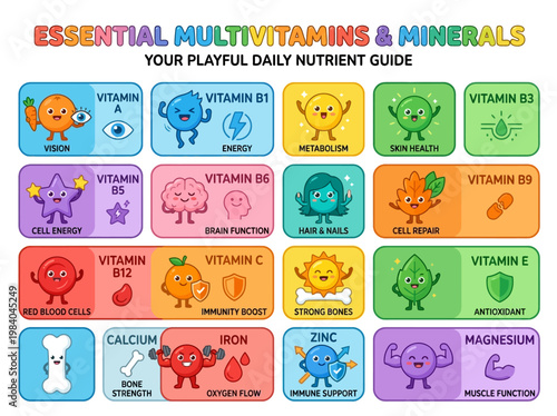 Playful Daily Nutrient Guide Infographic Showcasing Essential Multivitamins and Minerals with Cute Characters for Health Education