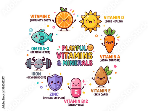 Educational infographic illustration: cute, personified icons of essential vitamins and minerals arranged circularly, detailing their health benefits.