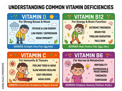 Playful infographic illustrating common vitamin deficiencies, their symptoms, and dietary sources for better health understanding.