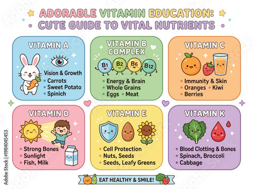Adorable educational infographic: Cute guide to vital vitamins and nutrients for health, in a friendly cartoon style.