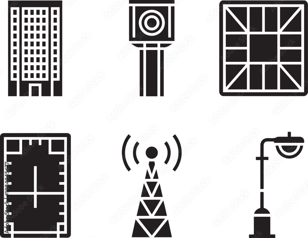 Fototapeta premium Cityscape Icons: Buildings, Cell Tower, Street Lamp, and Surveillance Camera in outline style