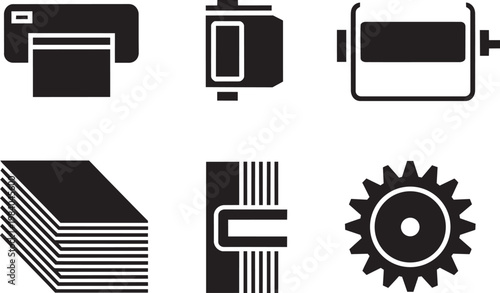 Camera roll icon set with ticket dispenser, paper stack, and electrical connector in outline