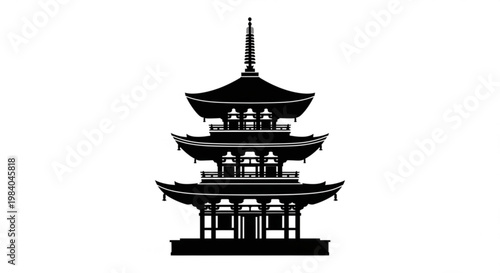 Elegant black silhouette of a traditional Japanese multi-tiered pagoda, symbolizing ancient architecture and spiritual tranquility in an iconic graphic design