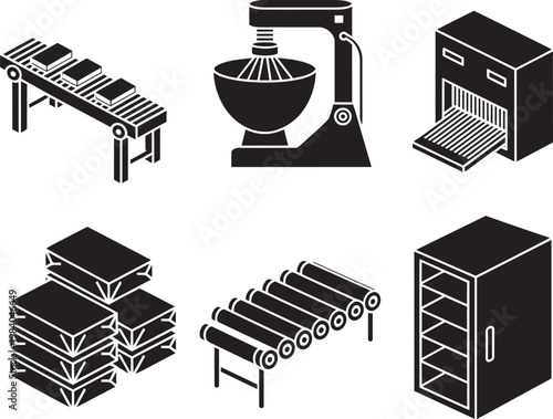 Industrial food production equipment icons including mixer, conveyor belt, and oven