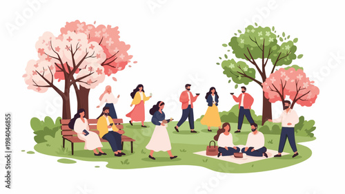 Illustration of diverse people relaxing and socializing in a vibrant park with blooming cherry blossom trees on a sunny day.
