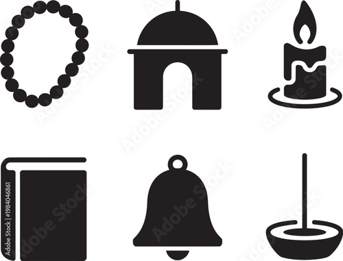 Religious and spiritual icons including beads, temple, candle, book, bell, and incense