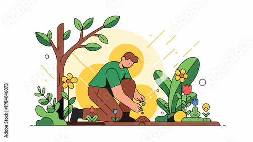 Illustration of a man planting flowers and tending to a garden with a tree and various colorful plants around him in a vibrant and lively outdoor setting.