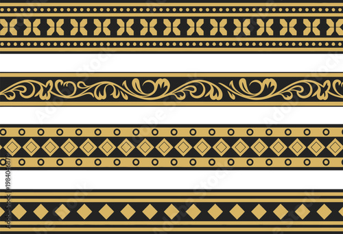 Endless gold and black ancient Russian ornament, seamless Slavic decorative border and frame, ornate royal style pattern inspired by historical palace interiors, detailed symmetrical folk art elements