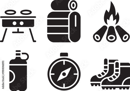 Outdoor camping and adventure equipment icons: stove, sleeping roll, campfire, canteen, compass