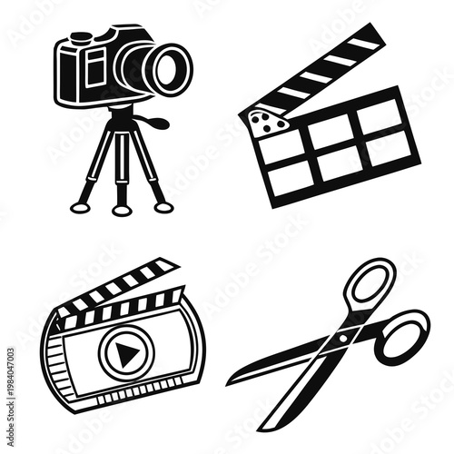 A set of film production icons including a camera, clapperboard, film reel, and scissors on a white background