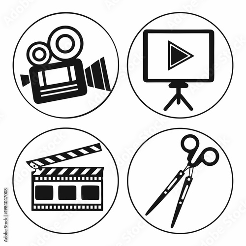 A set of four black and white film making icons including a camera, monitor, clapperboard and scissors.