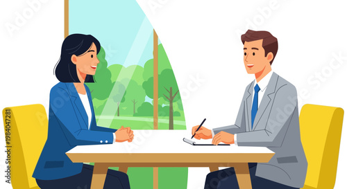 Business meeting in a bright office with a view of nature, interview, collaboration