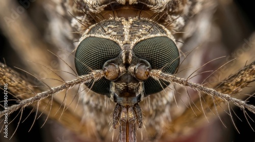 Super macro view close up of insect face hyper details, front view looking a camera