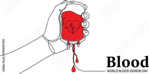 Continuous line art illustration of a hand holding a red blood bag for World Blood Donor Day