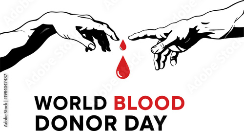 Minimalist vector illustration for World Blood Donor Day featuring two hands and falling red blood drops on white