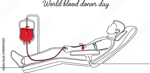 Minimalist continuous line art illustration of a man donating blood for World Blood Donor Day awareness campaign