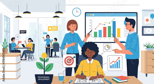 Teamwork and professional development in modern office with charts and graphs