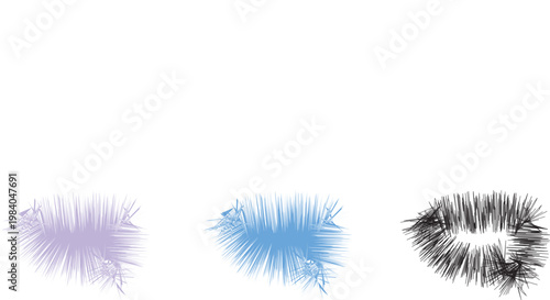 Set of abstract fuzzy or hairy circular graphic elements in purple, blue, and black outline styles for artistic design projects