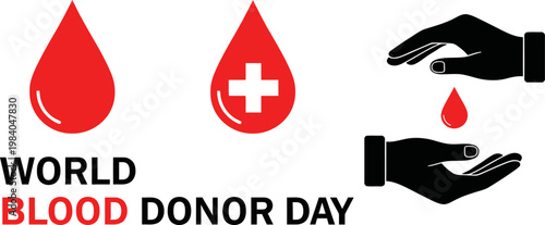 World Blood Donor Day Vector Illustration Featuring Red Blood Drops And Silhouette Hands Giving Life Saving Donations