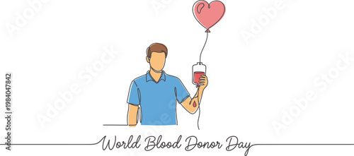 Minimalist line drawing of man holding blood bag and heart balloon for World Blood Donor Day celebration