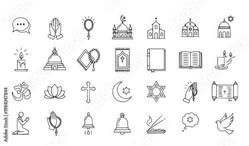 A collection of religious symbols and icons in a minimalist line art style