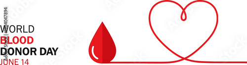 Clean flat design graphic for World Blood Donor Day with stylized blood drop and heart shaped continuous line