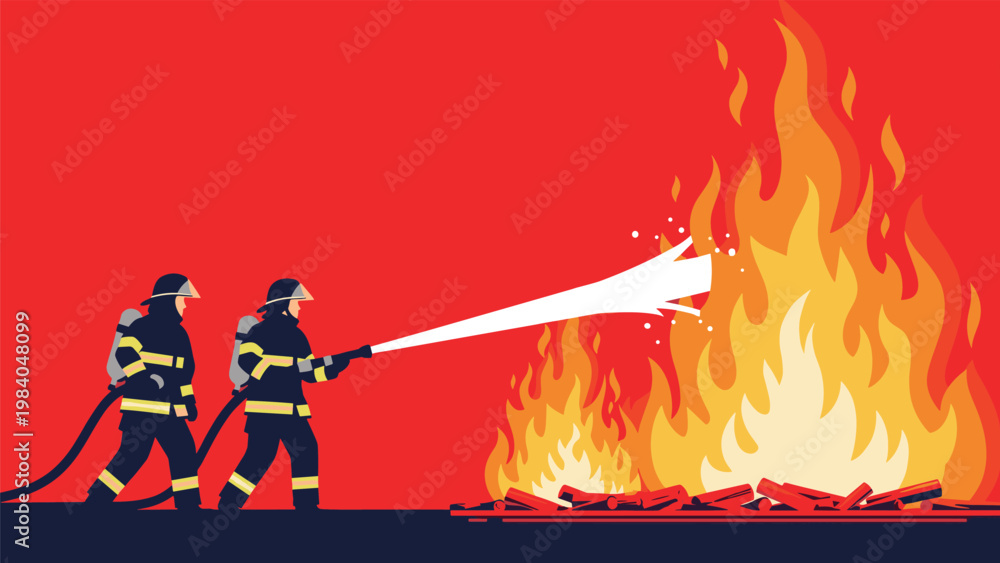 Obraz premium Two firefighters in full gear using a water hose to extinguish a large flame representing emergency response services.