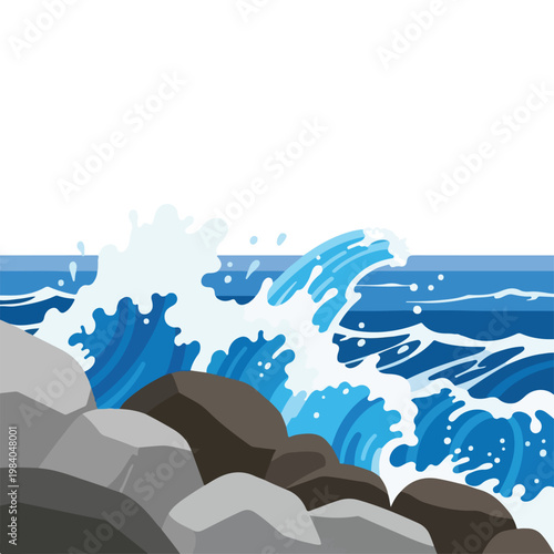 Ocean Wave Crashing on Rocks Shore.