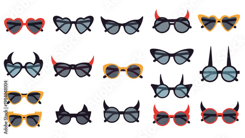 Large collection of colorful sunglasses with various fun shapes like hearts and devil horns for parties and fashion.
