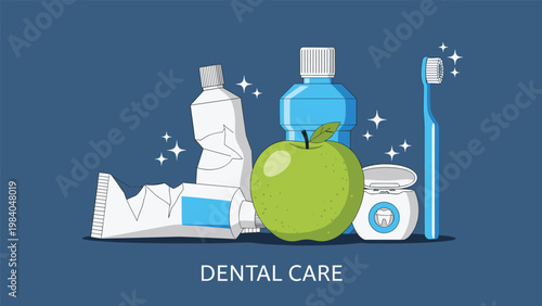 Set of dental care items including toothpaste, mouthwash, dental floss, and a toothbrush arranged with a fresh green apple.