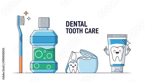 Collection of dental care products featuring a toothbrush, mouthwash, dental floss, and a happy cartoon tooth on toothpaste tube.