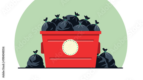 Waste management concept featuring a red dumpster overflowing with black garbage bags isolated against a green background.