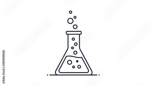 Outline illustration of a laboratory conical flask containing a bubbling liquid representing scientific experiments and research.