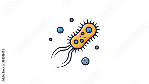 Detailed microscopic illustration of a bacterium with flagella and inner structures representing biology and microbiology.