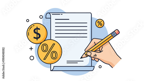 Business concept of signing a financial contract or loan agreement showing a hand with a pencil and money symbols.