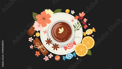 Cozy top view of a hot chocolate cup surrounded by spring flowers, cinnamon sticks, orange slices, and sweet candies.