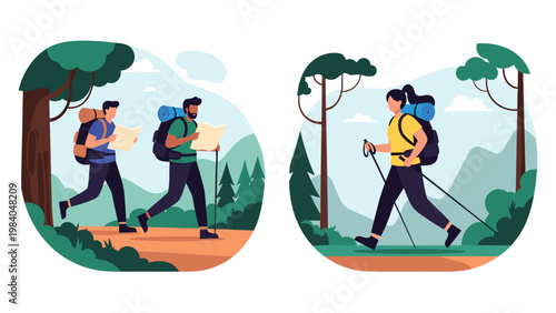 Set of two outdoor scenes featuring hikers with backpacks and walking sticks navigating forest trails with mountain backgrounds.