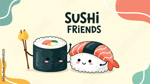 Cute sushi characters including a maki roll holding dango and a shrimp nigiri with Sushi Friends text on an abstract background.