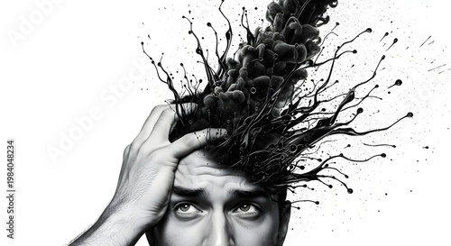 Mental health stress and psychological pressure concept. Emotional breakdown and headache. Man holding head with dark ink splashes representing depression and internal chaos