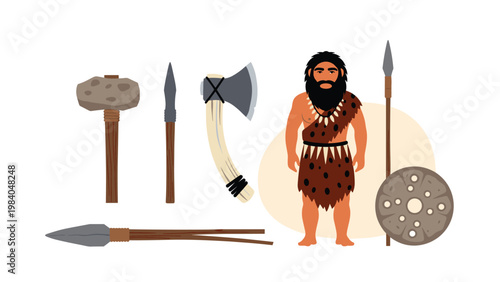 Prehistoric caveman character standing next to a collection of primitive stone age tools including a hammer, axe, spear, and shield.