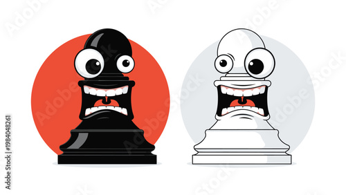Funny cartoon chess pawns in black and white colors featuring goofy faces with wide eyes and expressive open mouths.